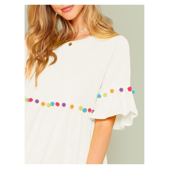 White Pom Pom Short Sleeve Casual Shift Sundress - Picture 4 of 6